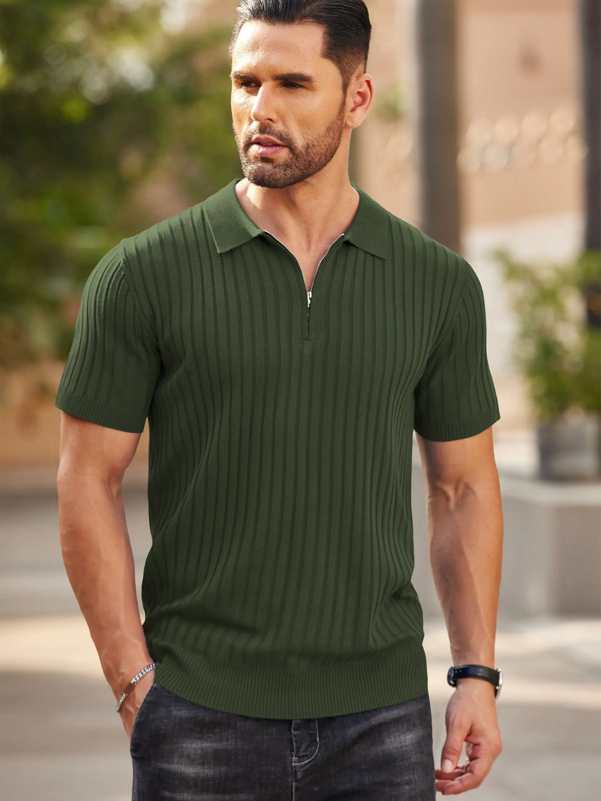 Men's Premium Ribbed Knit Zip Polo Shirt
