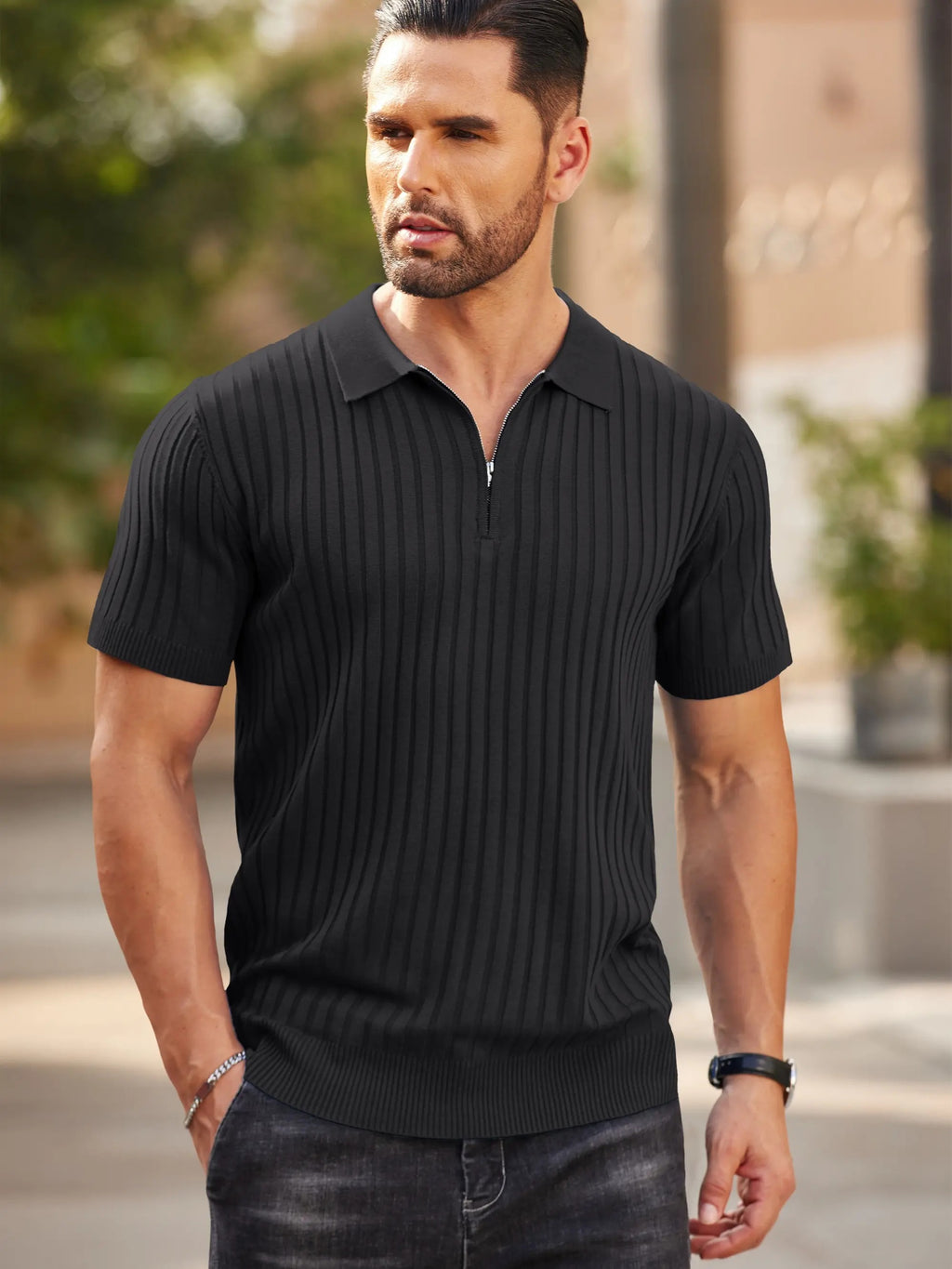 Men's Premium Ribbed Knit Zip Polo Shirt