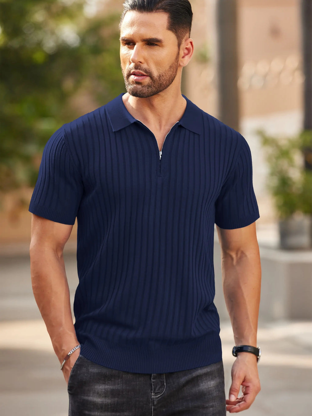 Men's Premium Ribbed Knit Zip Polo Shirt