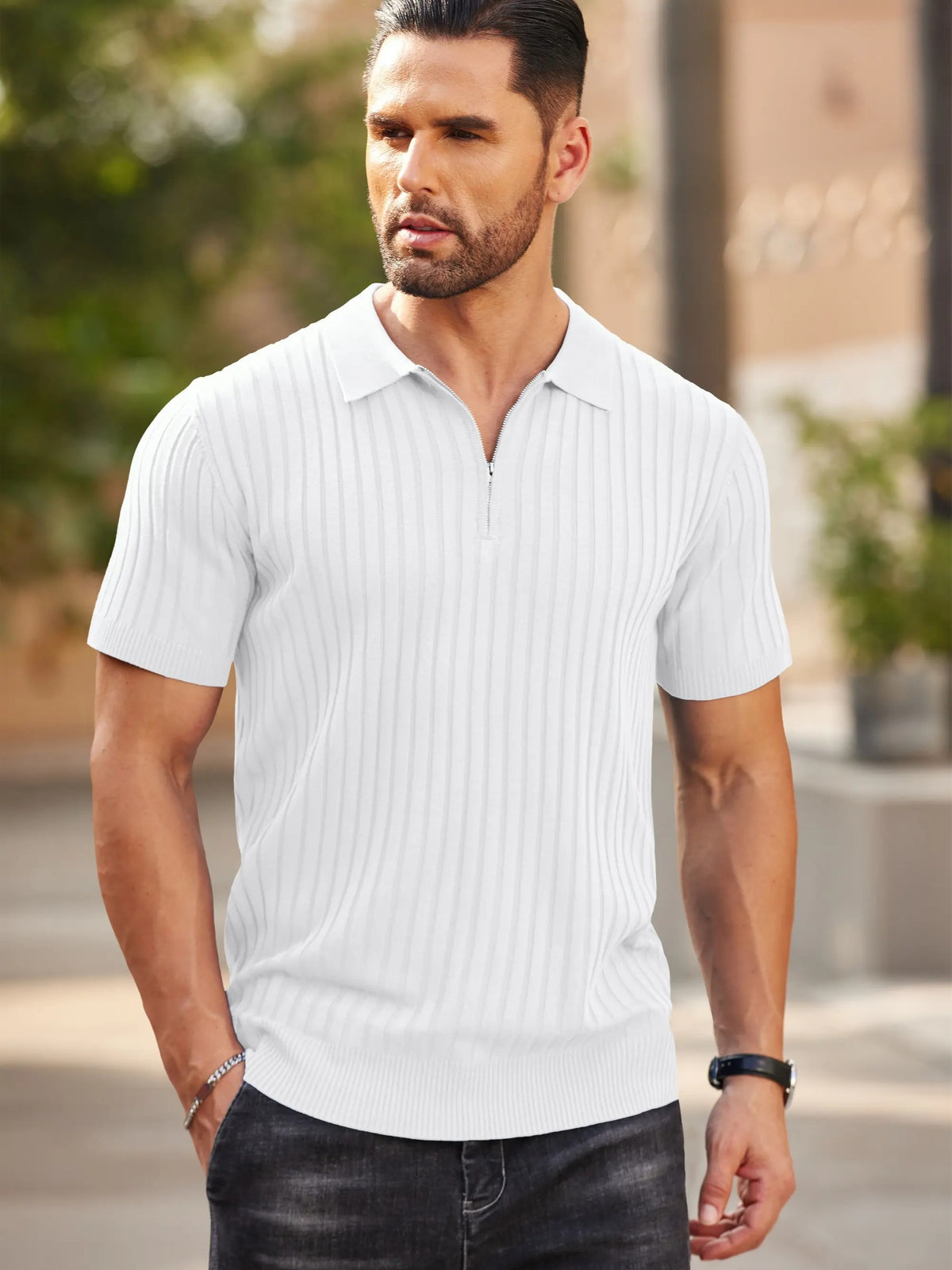 Men's Premium Ribbed Knit Zip Polo Shirt