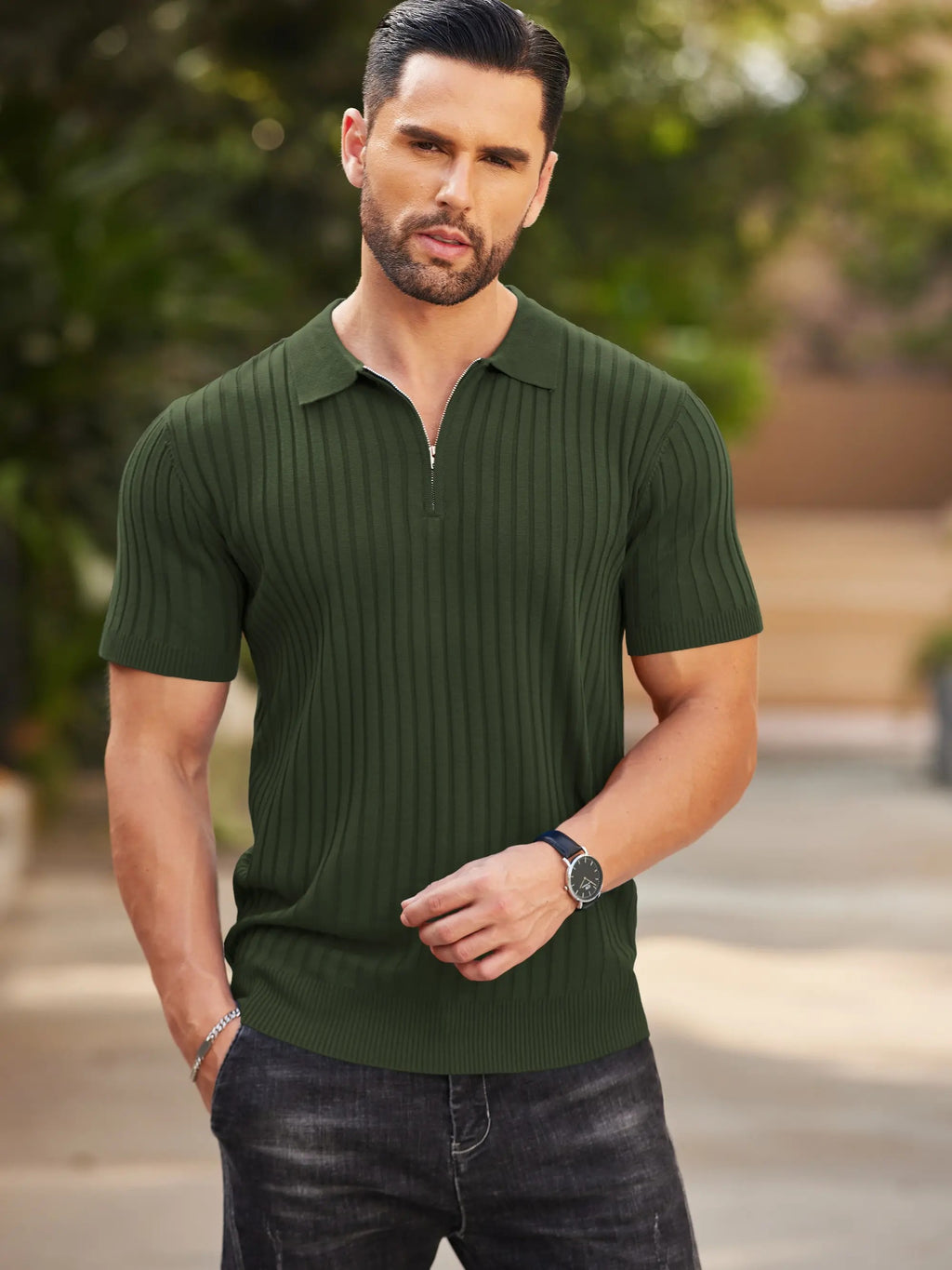 Men's Premium Ribbed Knit Zip Polo Shirt