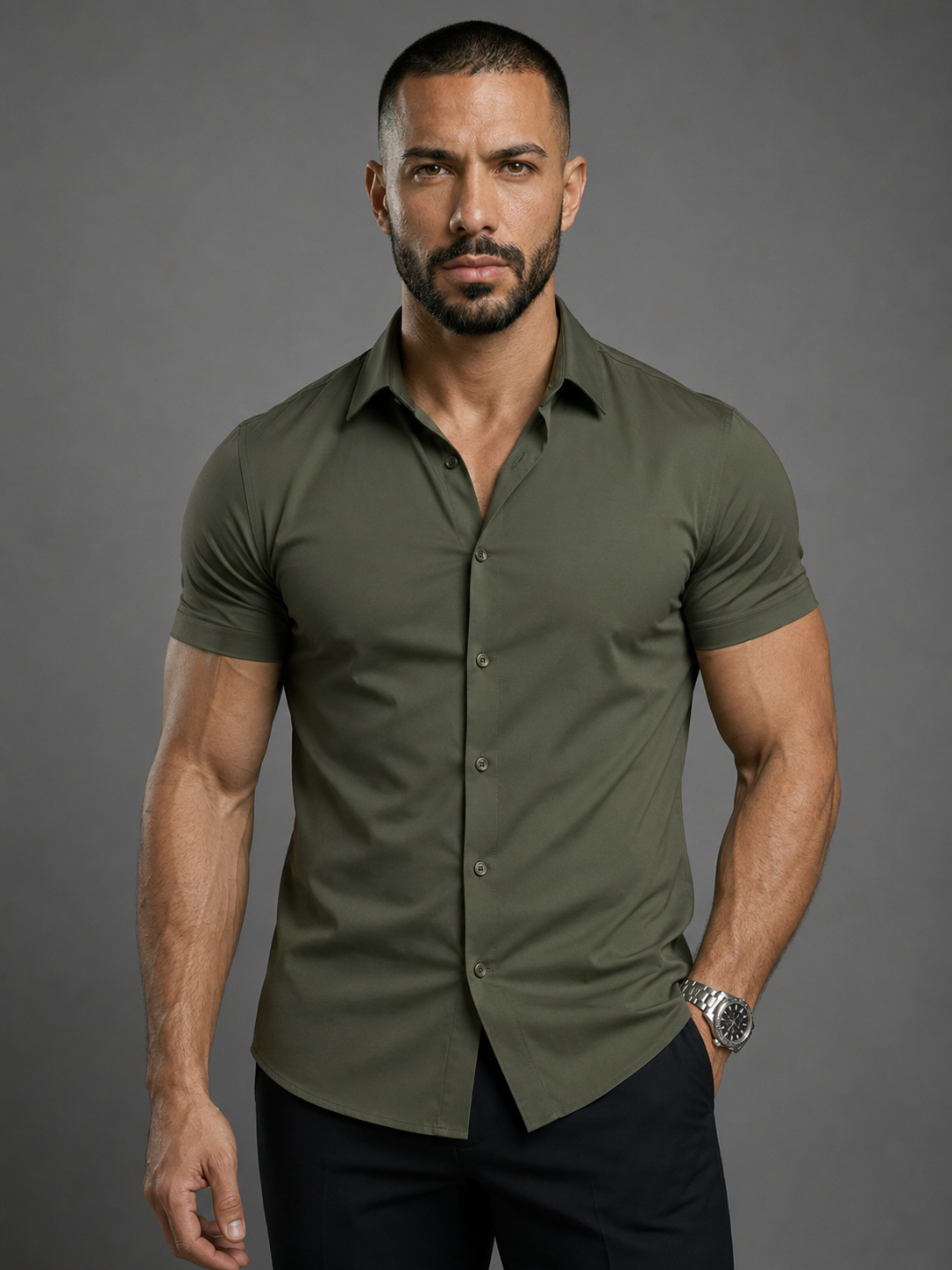 Short Sleeve Muscle Dress Shirt - Stretch Fit
