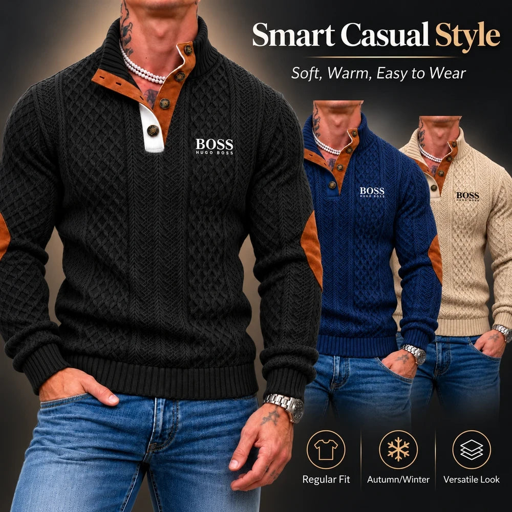 Men's Heritage Textured Knit Sweater with Button Neck