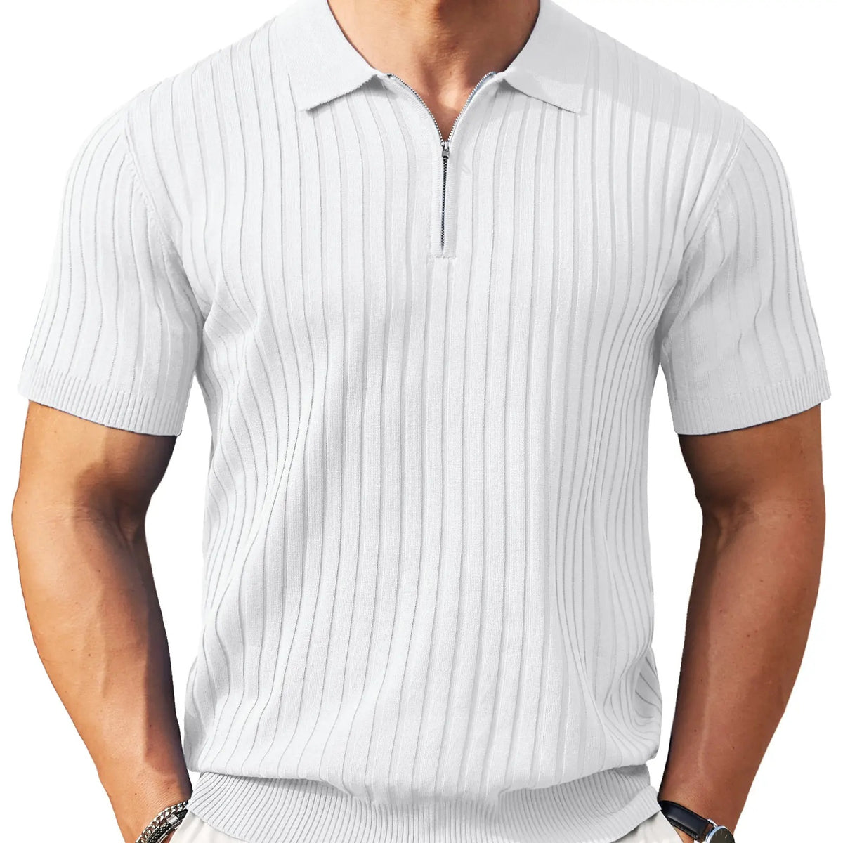 Men's Premium Ribbed Knit Zip Polo Shirt