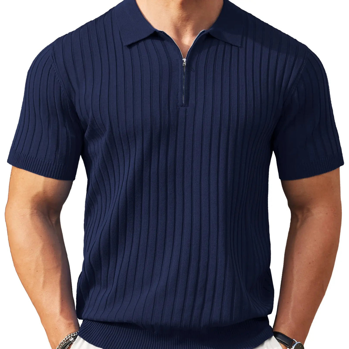 Men's Premium Ribbed Knit Zip Polo Shirt