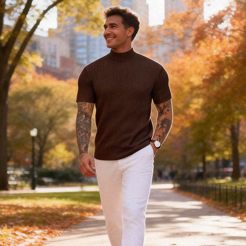 👕 LIMITED-TIME 50% OFF✨ Men's Slim Mock Neck T-Shirt – Ribbed, Short Sleeve, 6 Colors 🍁