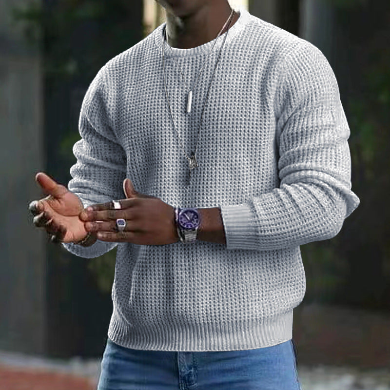 Suéter premium de cuello redondo para hombre: prenda clásica suave de manga larga con ribete acanalado
