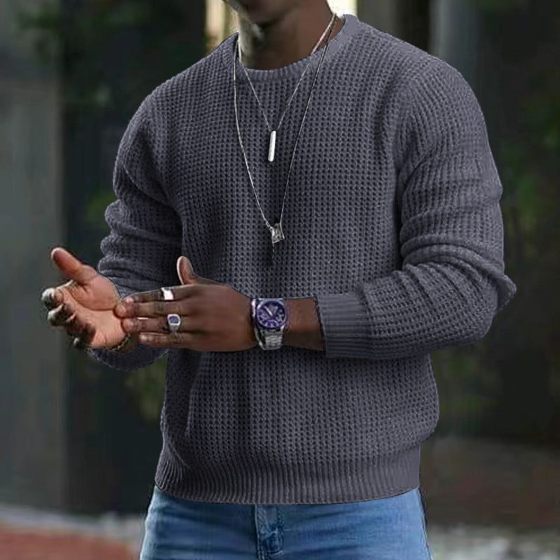 Suéter premium de cuello redondo para hombre: prenda clásica suave de manga larga con ribete acanalado