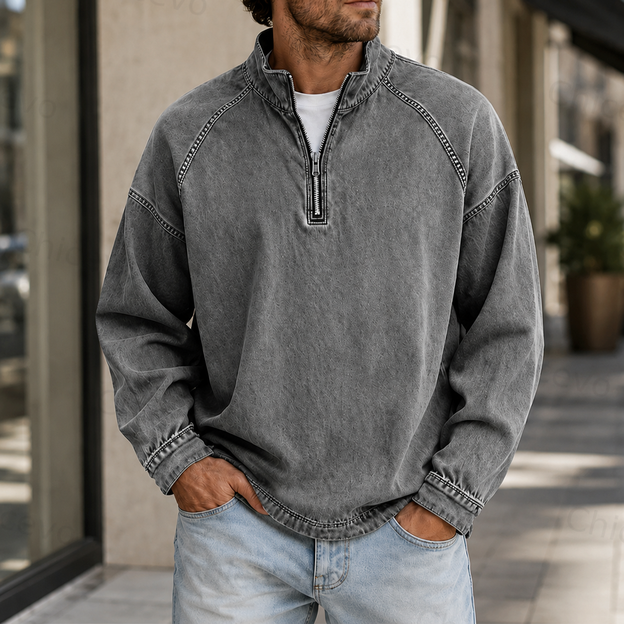 Men's Vintage Washed Quarter Zip Pullover Casual Stand Collar Sweatshirt