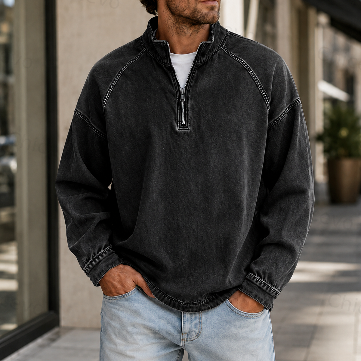 Men's Vintage Washed Quarter Zip Pullover Casual Stand Collar Sweatshirt