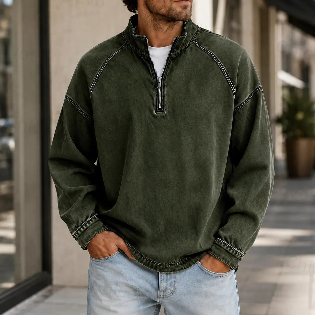 Men's Vintage Washed Quarter Zip Pullover Casual Stand Collar Sweatshirt