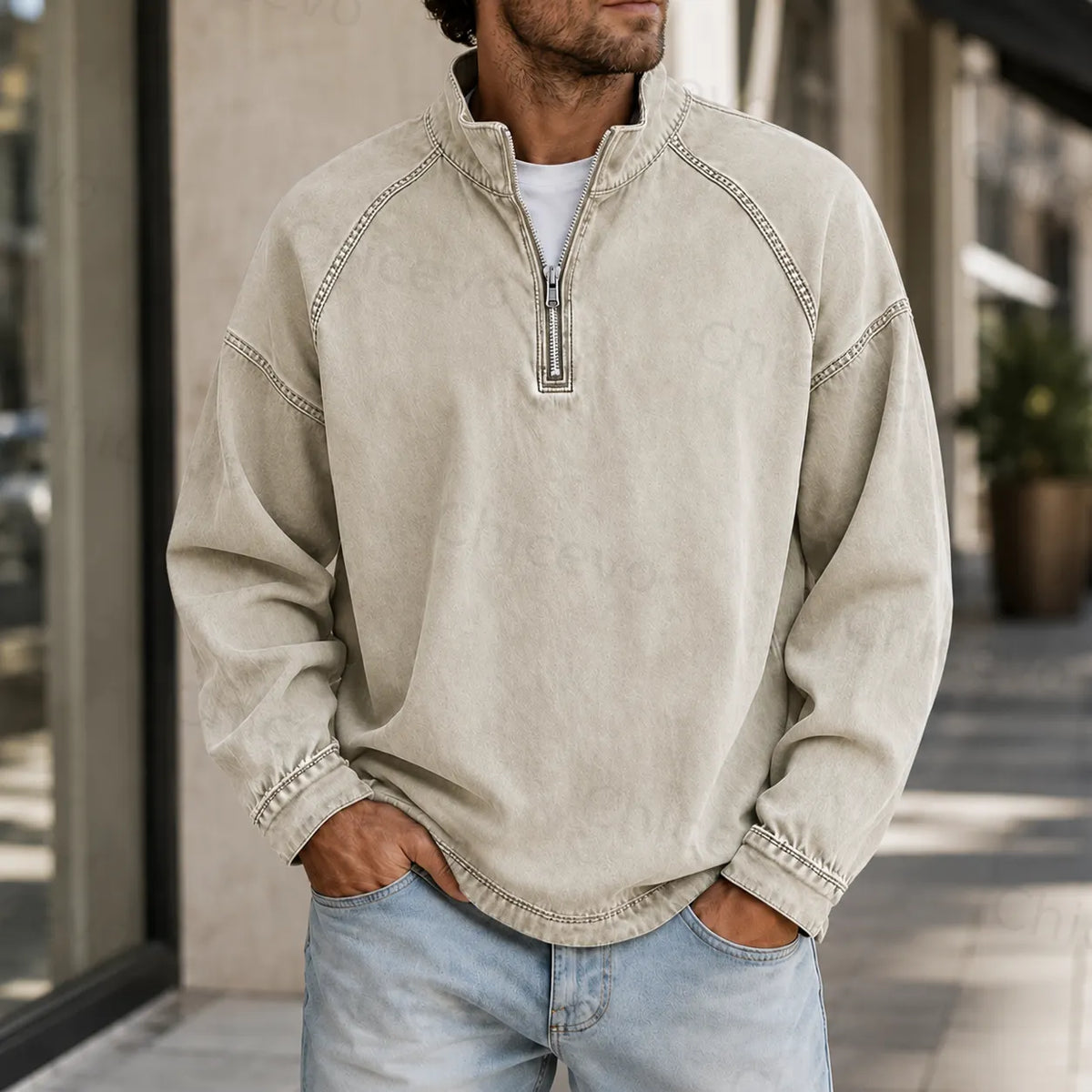 Men's Vintage Washed Quarter Zip Pullover Casual Stand Collar Sweatshirt