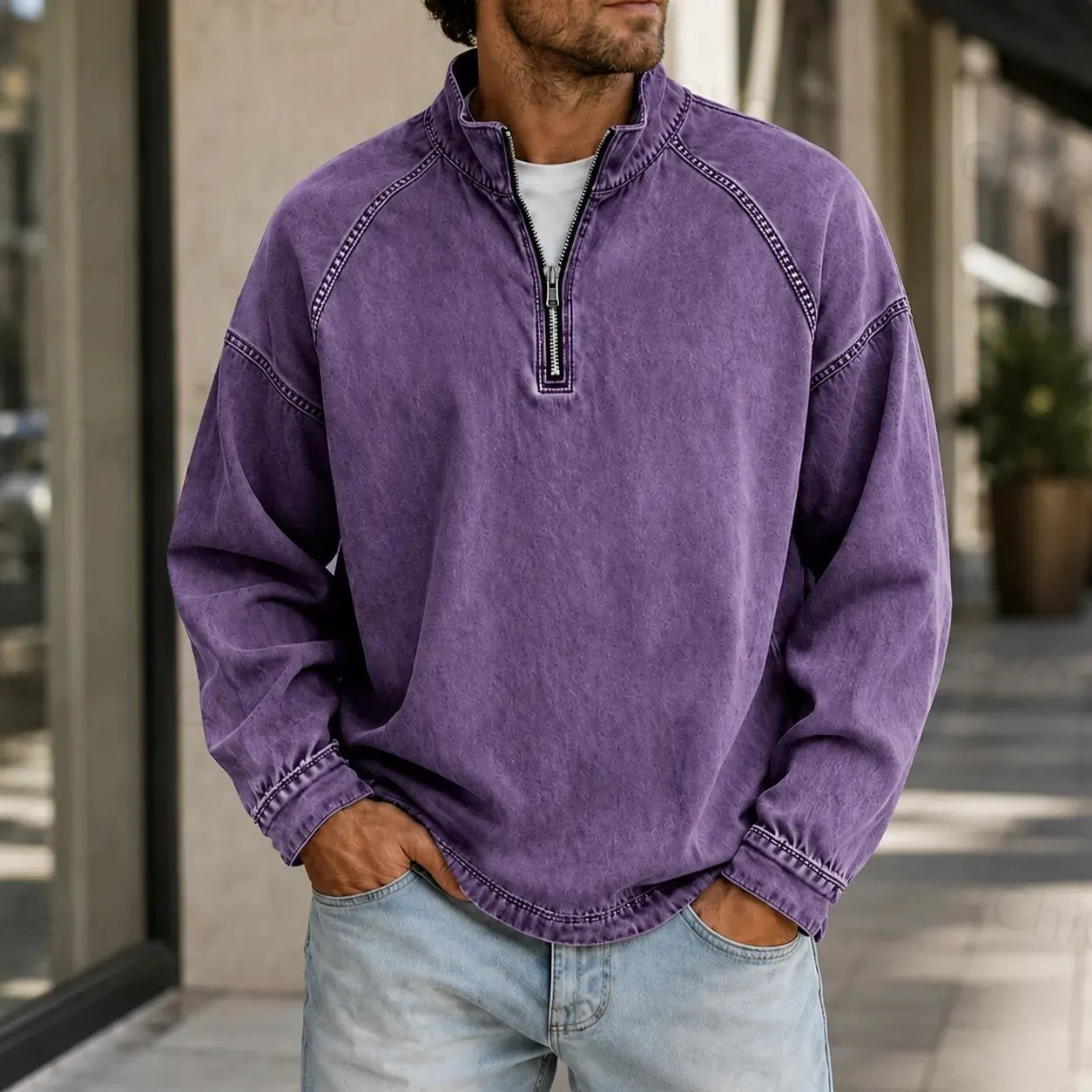 Men's Vintage Washed Quarter Zip Pullover Casual Stand Collar Sweatshirt