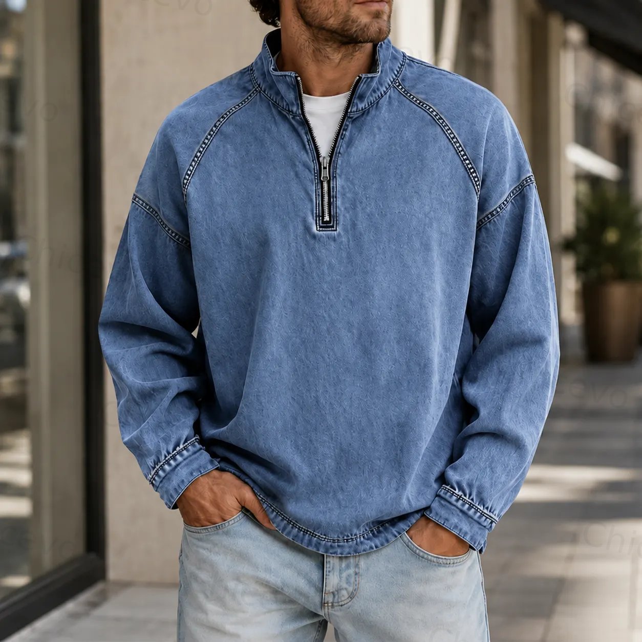 Men's Vintage Washed Quarter Zip Pullover Casual Stand Collar Sweatshirt