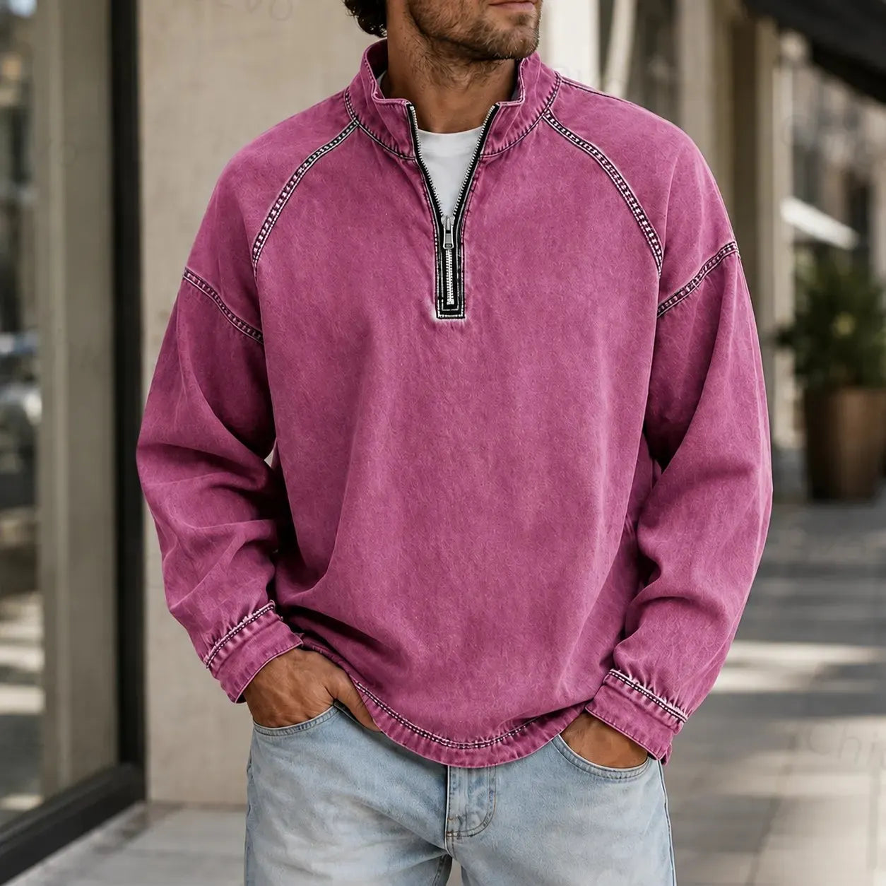 Men's Vintage Washed Quarter Zip Pullover Casual Stand Collar Sweatshirt